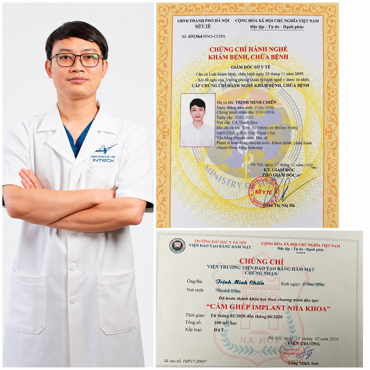 Chứng chỉ hành nghề 031354 HNO CCHN và bằng cấp cấy ghép Implant của Bác sĩ Trịnh Minh Chiến Nha khoa Lạc Việt Intech