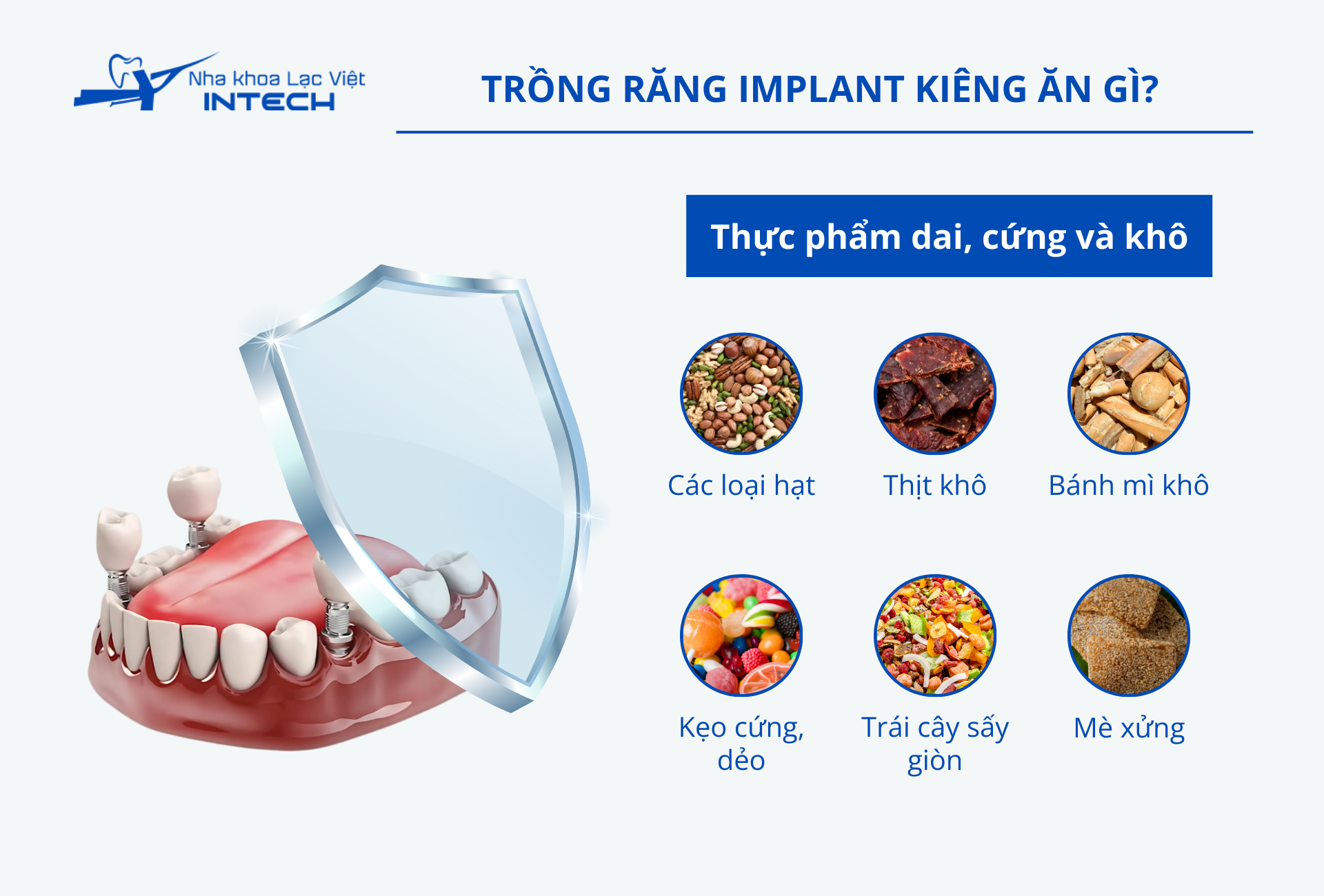 Các thực phẩm dai, cứng và khô có thể gây áp lực mạnh lên vùng vừa cấy ghép Implant, khiến Implant bị lung lay, gây đau nhức khó chịu