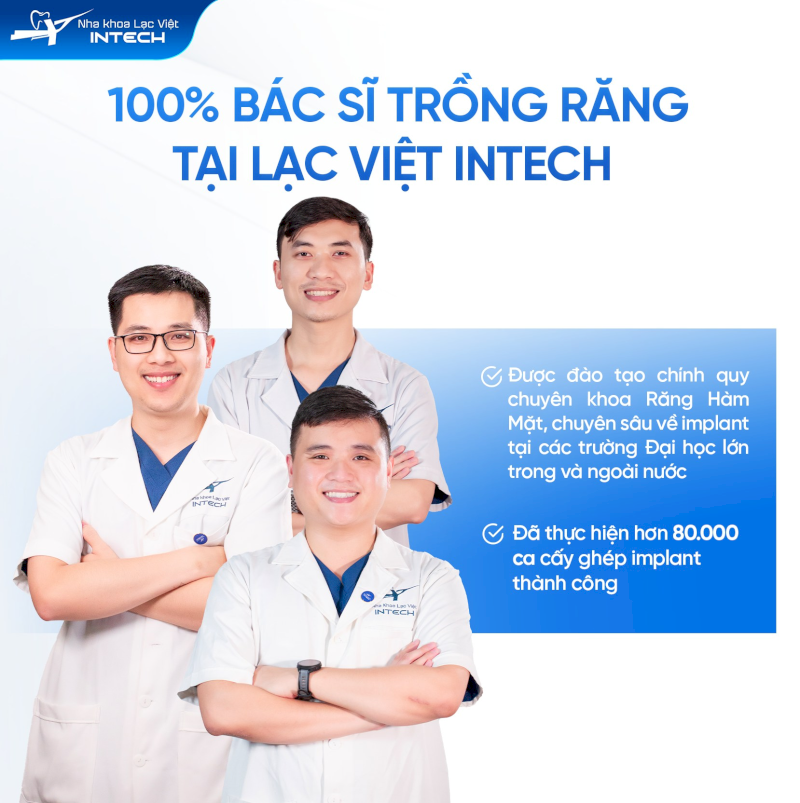Nha khoa Lạc Việt Intech sở hữu đội ngũ bác sĩ với tỷ lệ 100% tốt nghiệp Đại học Y và các khóa cấy ghép Implant chuyên sâu, có kinh nghiệm lâm sàng dày dặn