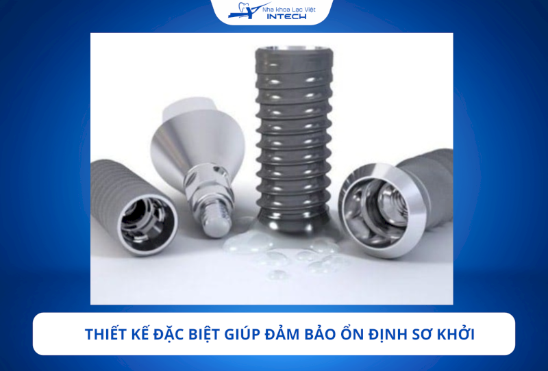 Trụ Implant Kontact sở hữu thiết kế ren xoắn kép kết hợp góc nghiêng 45 độ dọc thân trụ