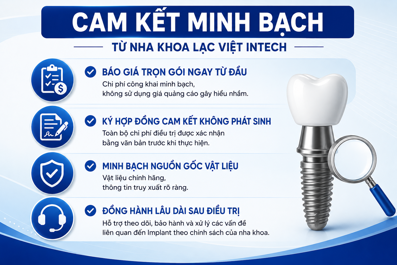 Lạc Việt Intech cam kết minh bạch toàn bộ chi phí điều trị, nguồn gốc vật liệu và chính sách bảo hành ngay từ trước khi khách hàng quyết định trồng răng Implant.