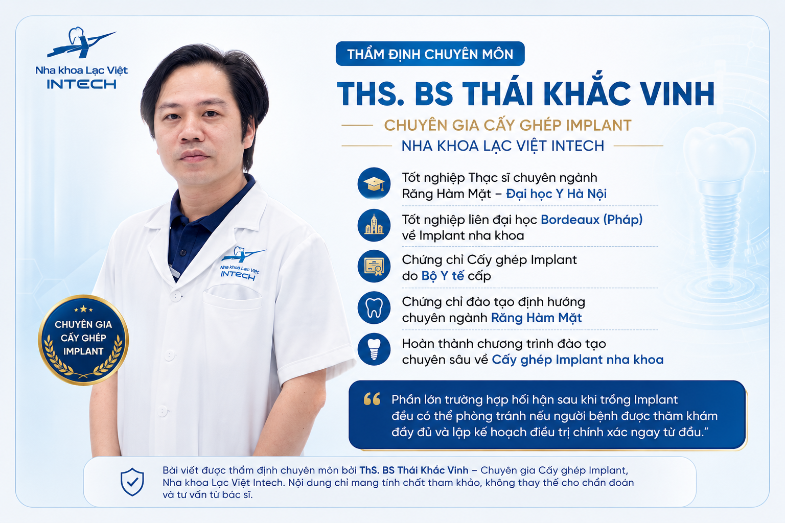 ThS. BS Thái Khắc Vinh - Chuyên gia cấy ghép Implant, thẩm định chuyên môn bài viết về hối hận khi trồng răng Implant.