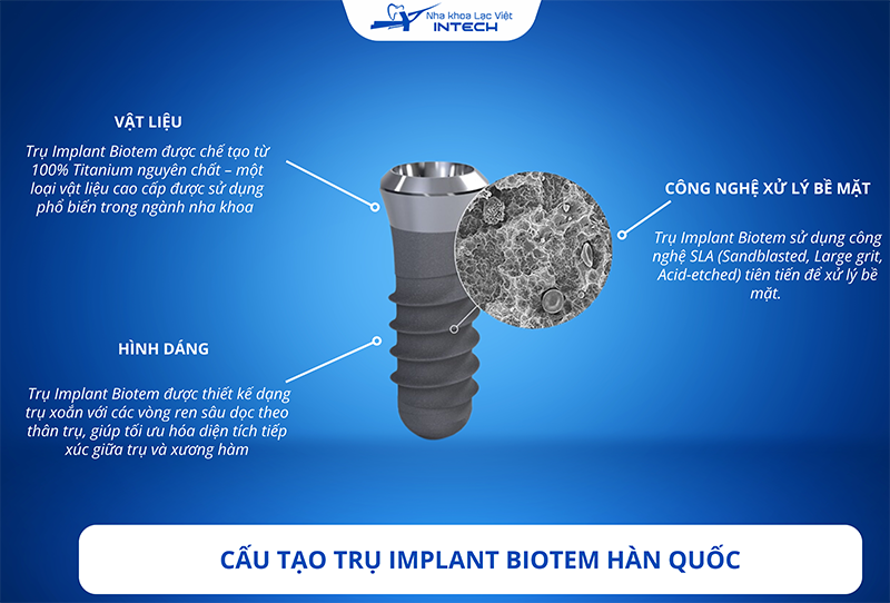 Trụ Implant Biotem được chế tạo từ 100% Titanium nguyên chất