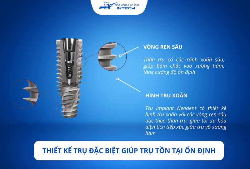 Trụ Implant Neodent được thiết kế với thân trụ có các rãnh xoắn sâu